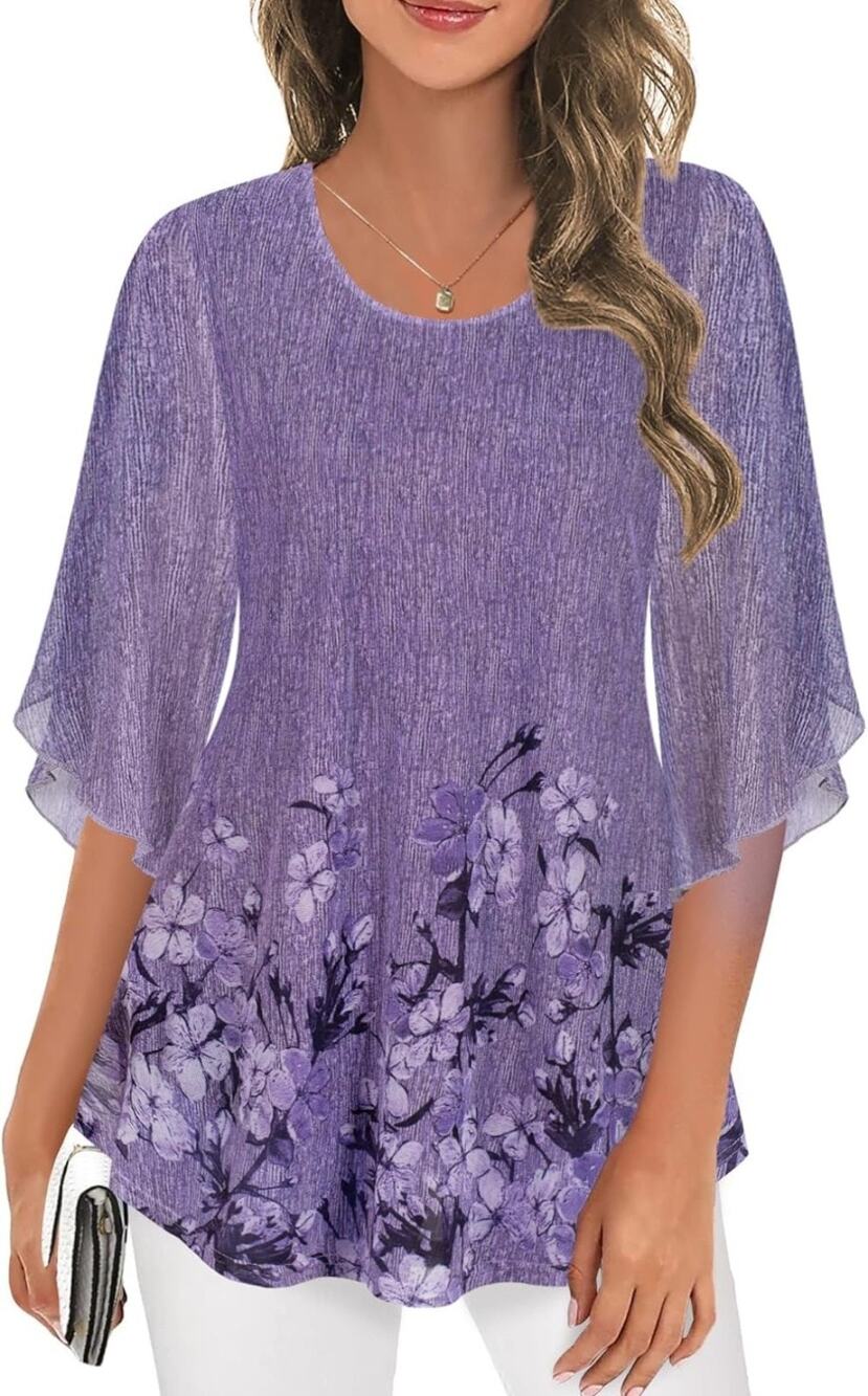 Ninedaily Blouse Womens Large Purple Floral Chiffon Lined Flowy Butterfly Sleeve